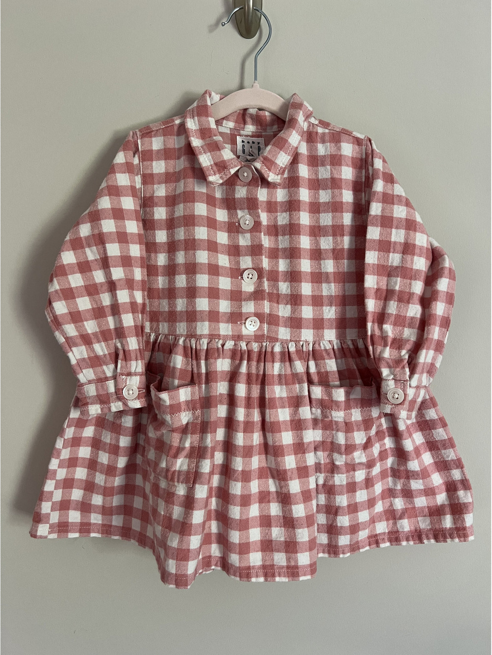 Vintage 90s Baby Gap Pink White Flannel Button Front Long Sleeve Dress